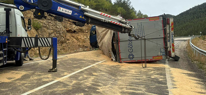 MAKARNA YÜKLÜ TIR TERSUN DAĞINDA DEVRİLDİ